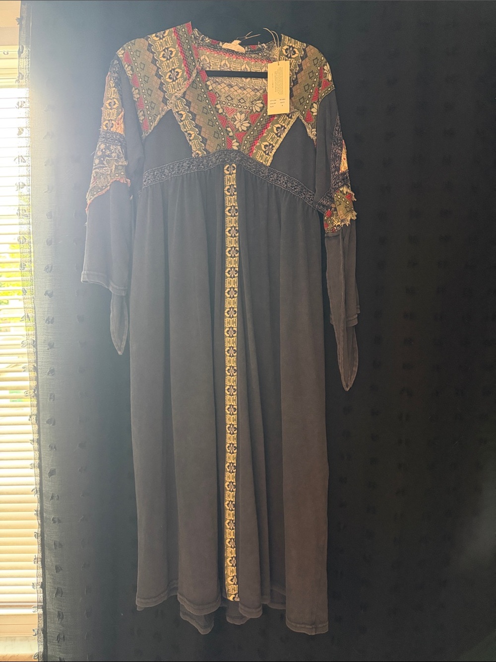Embroidered Blue Long-Sleeve Maxi Dress with Multicolor Trim